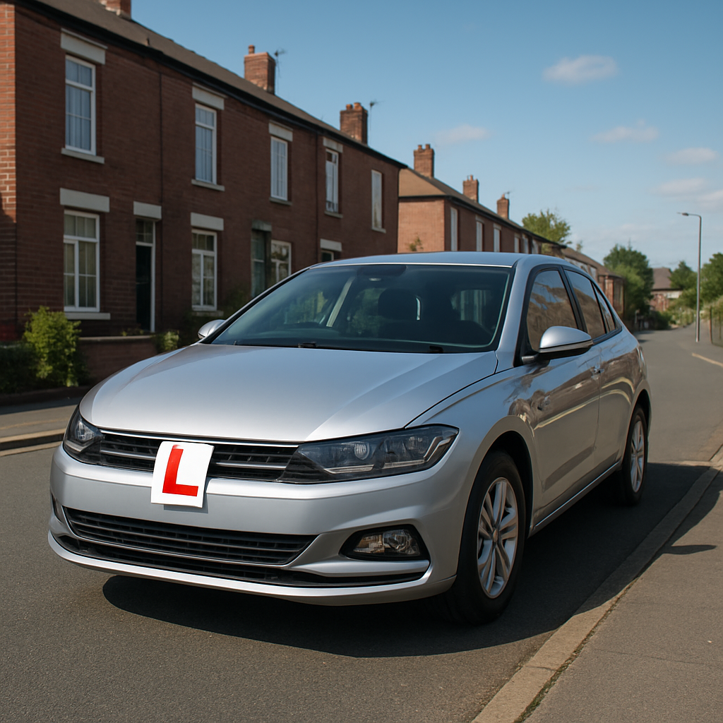 Learner car with an L-plate on a residential street in Rochdale